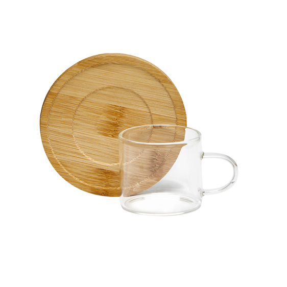 Taza vidrio de cafe c/plato madera 90 ml
