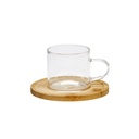 Taza vidrio de cafe c/plato madera 90 ml