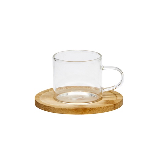 [8036] Taza vidrio de cafe c/plato madera 90 ml